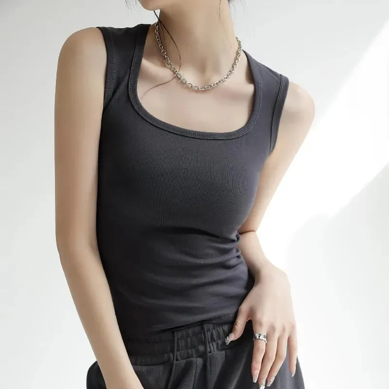 Women's Solid Color Wide Strap U-Neck Sleeveless Tank Top Summer Slim Fit Casual Basic Inner Wear Streetwear Vest — image 3