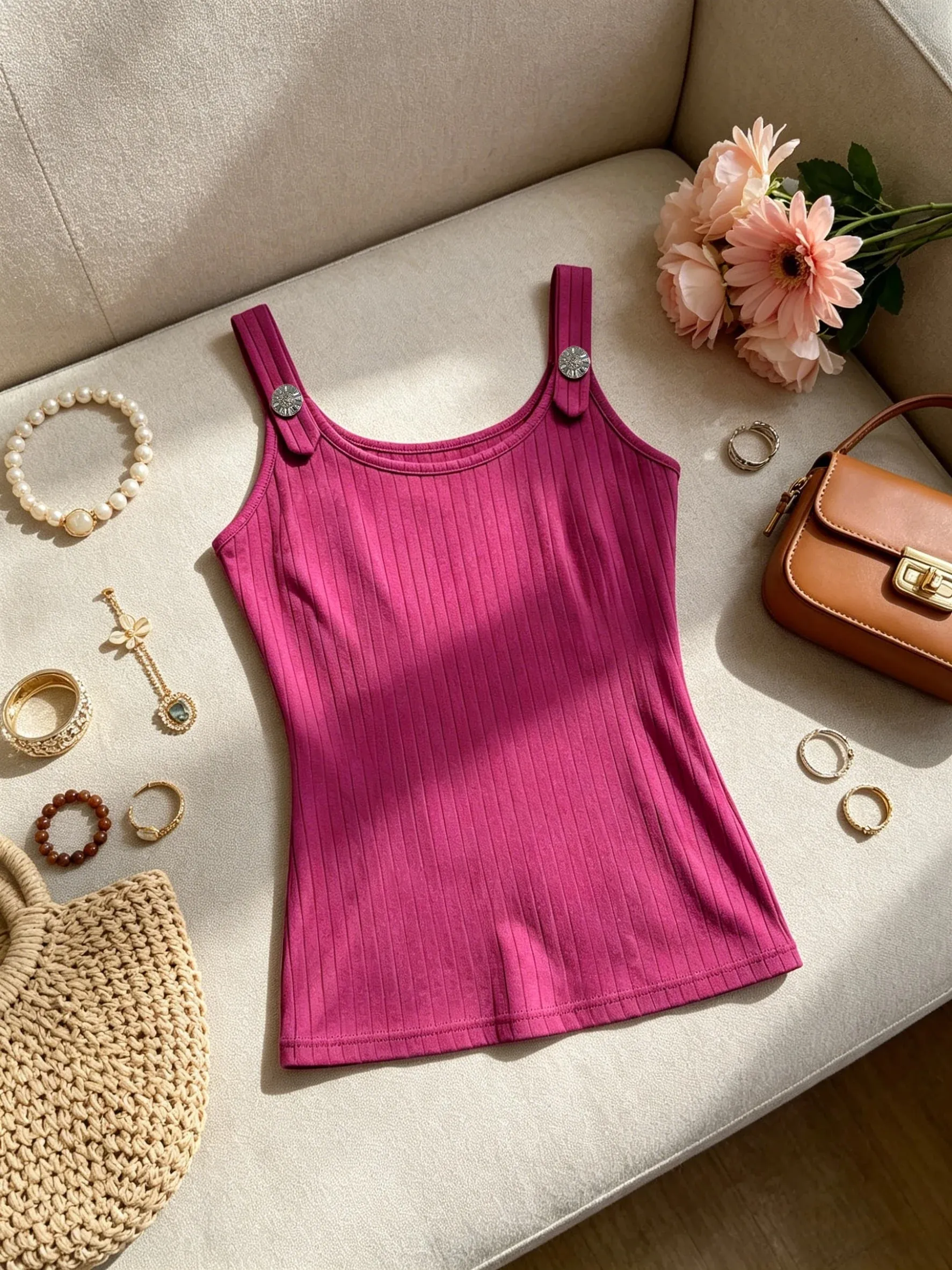 Women Pink Ribbed Tank Top Casual Metal Button Detail U Neck Form Fitting Sleeveless Cami Top — image 4