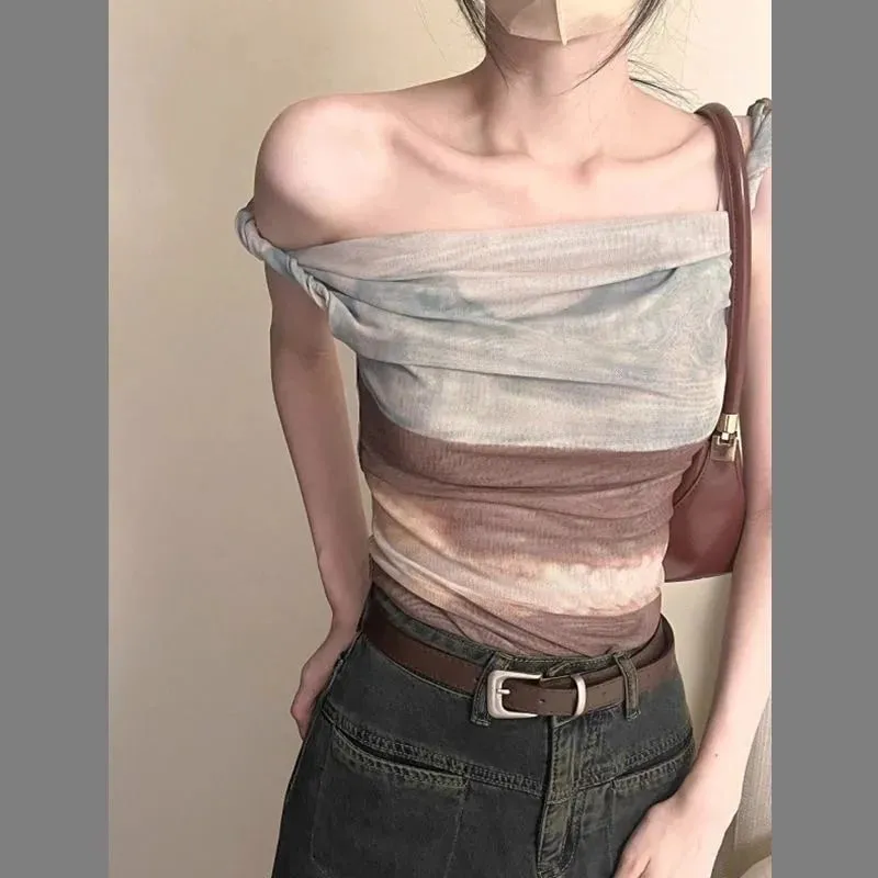 Irregular Net Strap Dyed Off-Shoulder Top for Women Summer American Print Vest Fashionable Versatile Sexy Fitted Short Style — image 3