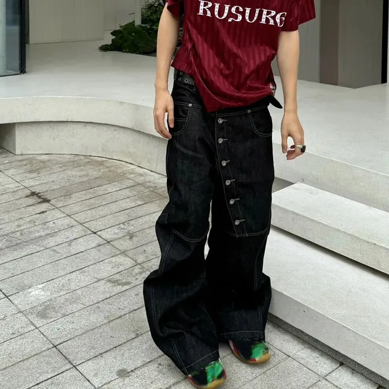 Korean High Street Buckle Curved Jeans Autumn Men'S Loose Straight Leg Pants Black Wide Leg Pants Casual Pants Hip-Hop Pants — image 5