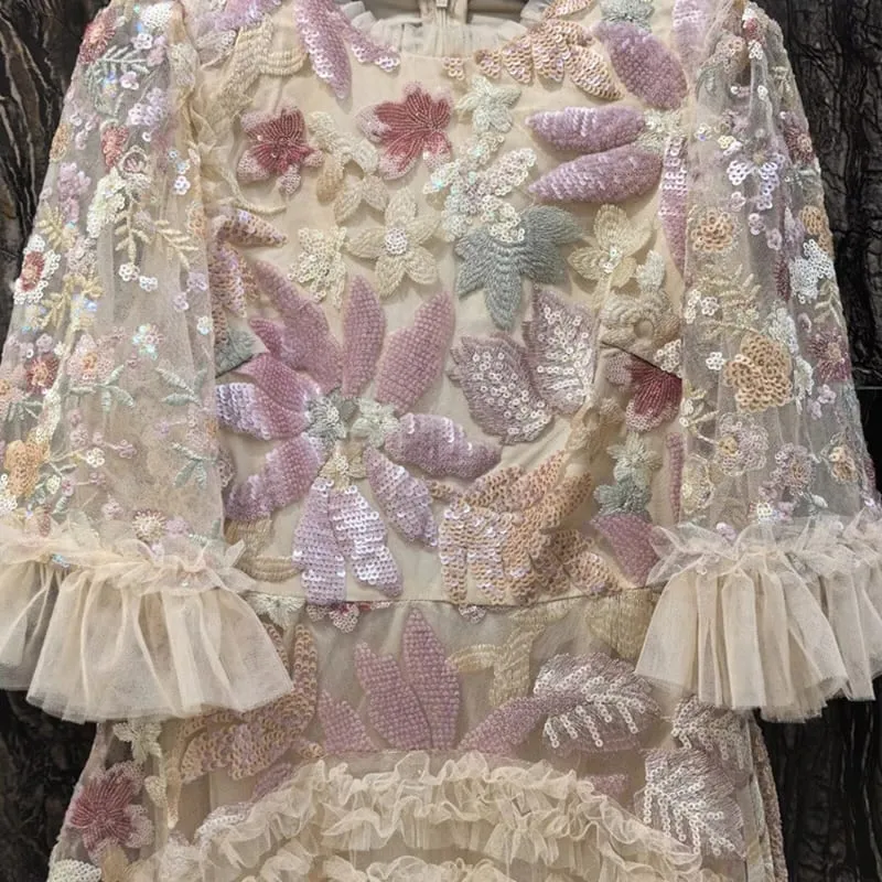 Moda rosa bordado lantejoulas vestido feminino em torno do pescoço babados meia mangas vestidos de comprimento no tornozelo novo 3a132 — image 6