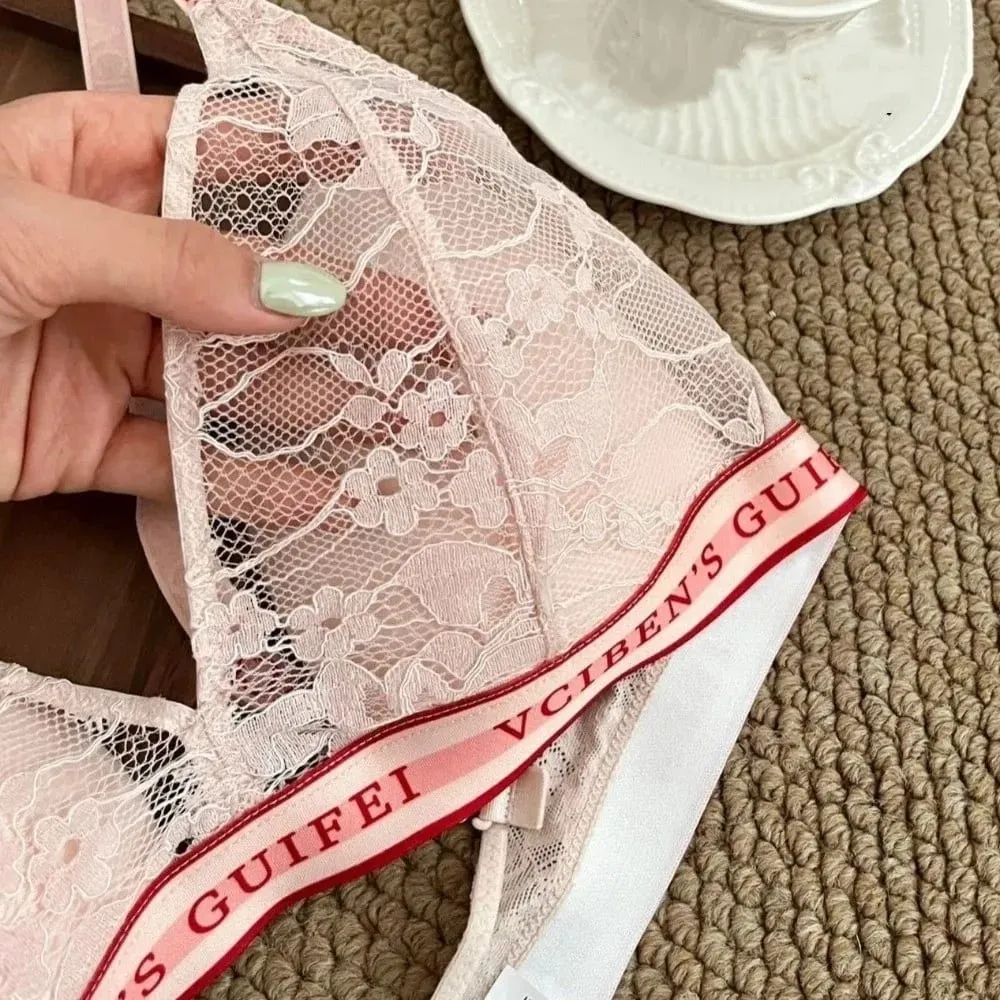 Breathable Letter Design Lingerie Set Lace Deep V Women Underwear Suit Wireless Color Blocking Bra Panties Set Famle