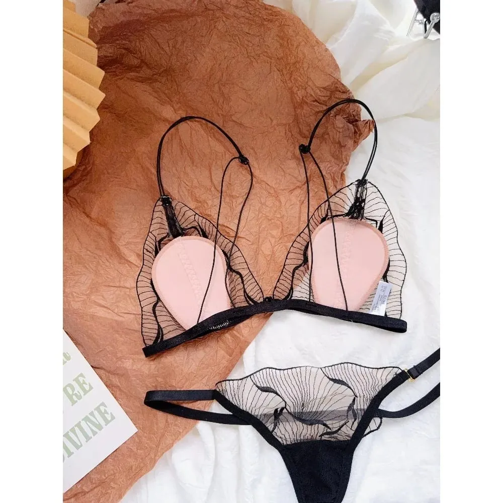 Premium French Triangle Cup Lace Wireless Bra Set Ultra Thin Thin Strap Soft Sexy Backless Lingerie 32‑38 A-B CUP Set — image 2