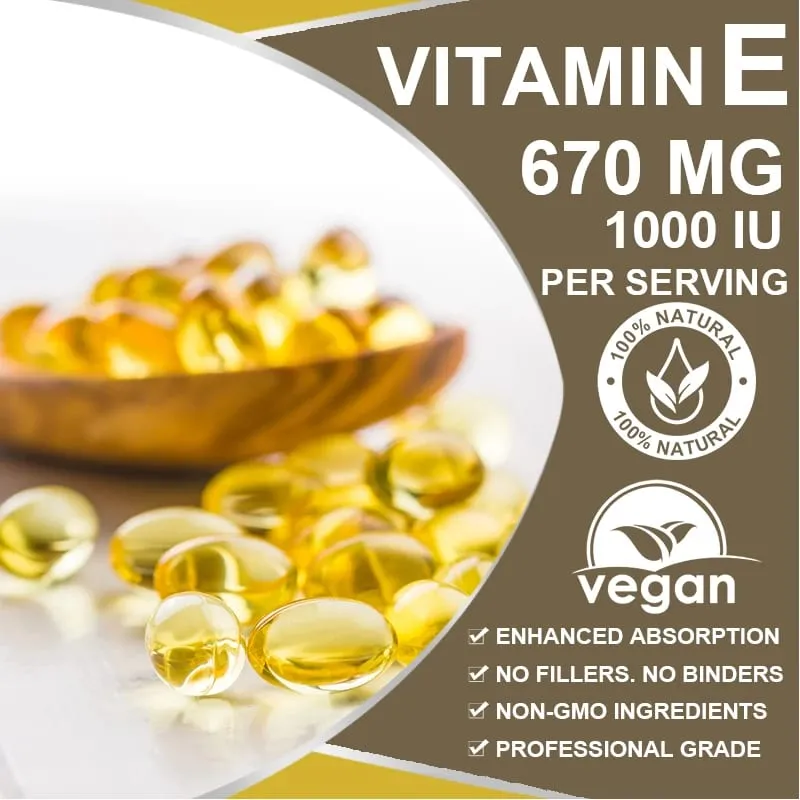 Alxfresh Vitamin E 670 mg (1000 IU) - Natural Dietary Supplement Antioxidant Skin Immune System Support Gluten Free Vegen