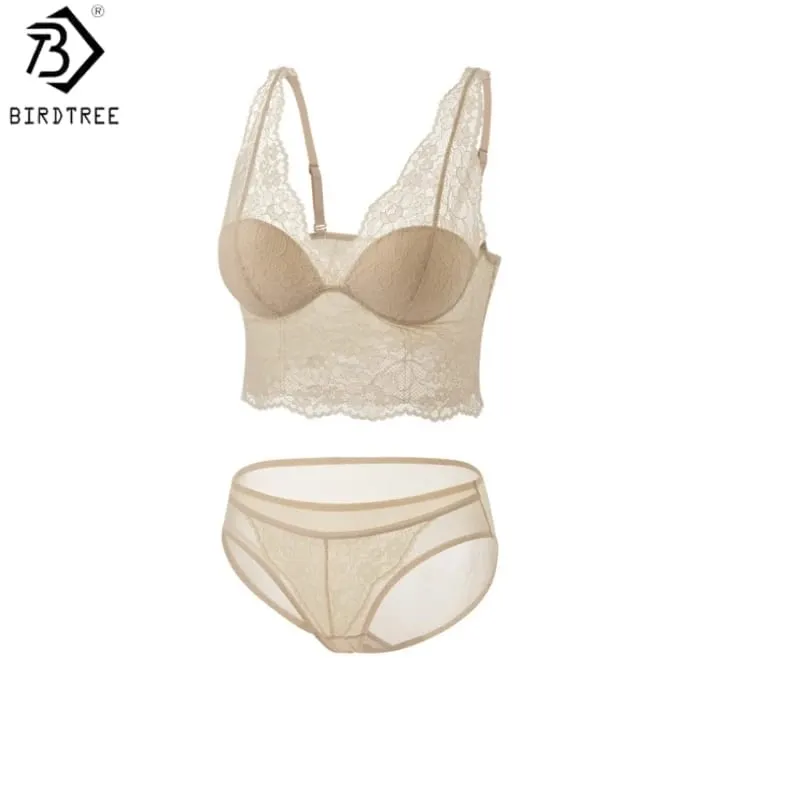 Birdtree Silk Lining Women's Elegant Bra Brief Set Soft Wireless Lace Breathable Bralette 2026 Summer New Underwear A65325JF — image 1