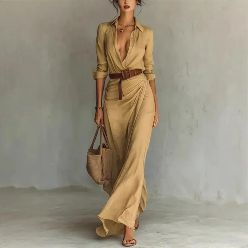 Moda feminina sólido vestido de festa de férias elegante lapela botão drapeado vestido longo casual manga longa jogo com cinto camisa vestido — image 4