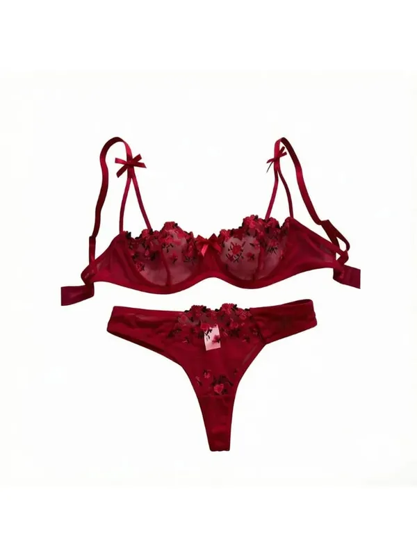Night Beautiful Sexy Women 2 Piece Floral Embroidery Underwear Sexy Erotic Lingerie Underwear Set — image 4