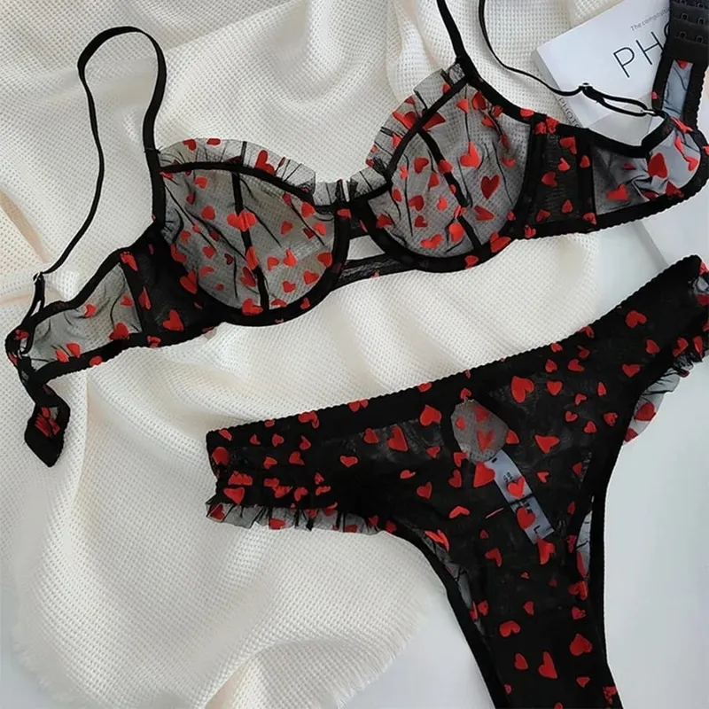 2 peças conjunto de lingerie sexy ultra fino respirável sutiã para mulher push up sutiã conjunto verão malha romântico pêssego coração íntimos — image 8