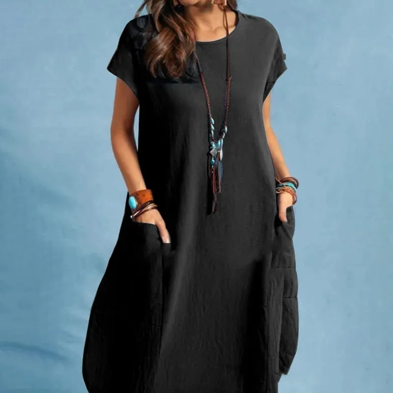Summer Casual Cotton Dress for Woman O-Neck Short Cap Sleeve Loose Cotton Knee-Length Dress Vacation Day Wear Robes Femme — image 9