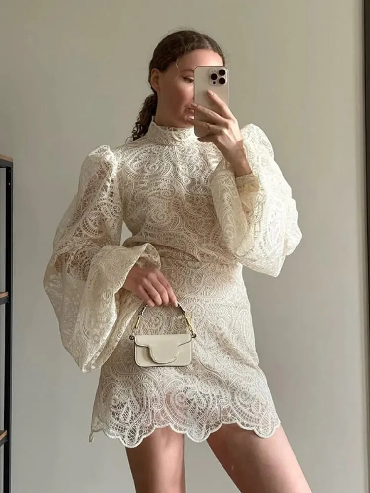 Mulheres elegantes rendas oco para fora mini vestido de manga cheia projetos chique alta pescoço vestidos curtos 2026 na moda primavera clube noite vestidos — image 4