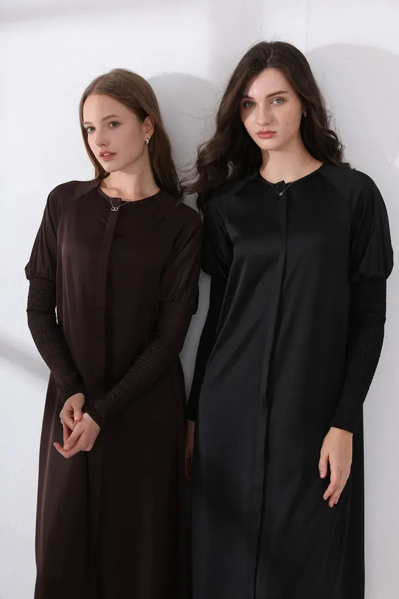 AS 2024 roupas femininas vestido de cetim com design de botão e manga maxi vestido (envio em 1 dia) — image 3
