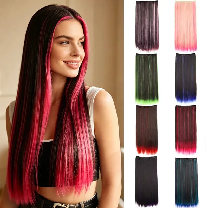 Synthetic 24Inch Long Straight 5 Clips Colorful Highlight Hair Extension Natural Soft Silky Hairpiece for Women Daily Use — image 1