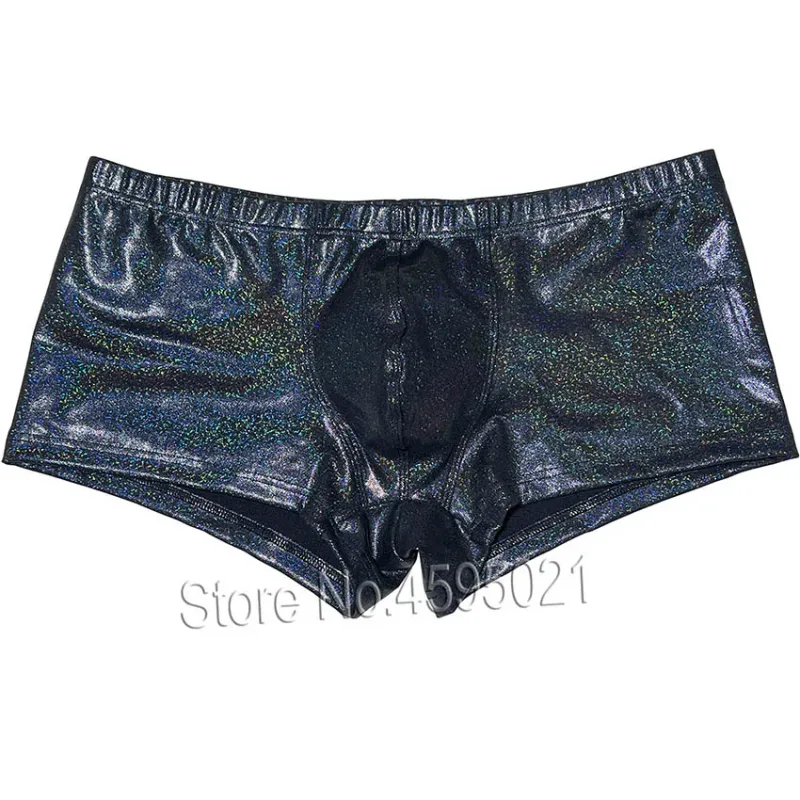 Cueca boxer masculina, roupa íntima com protuberância, calções quentes de couro metálico, calcinha esportiva brilhante, respirável, festa de banho de sol