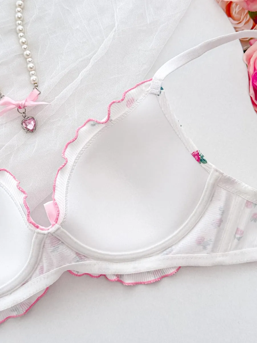 Floral a b c d cup conjunto de roupa interior feminina malha com nervuras push up sutiã diário conforto calcinha feminino babado borda lingerie conjunto — image 5