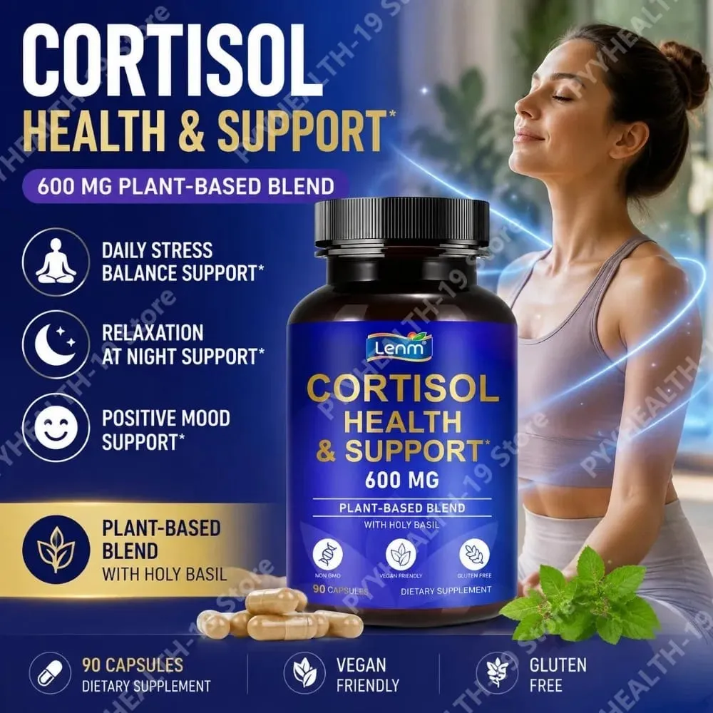 Lenm Cortisol Cápsulas de Suporte à Saúde Ashwagandha Rhodiola Holy Basil L-Theanine Para Equilíbrio do Estresse e Relaxamento Adulto 90 Contagem — image 1