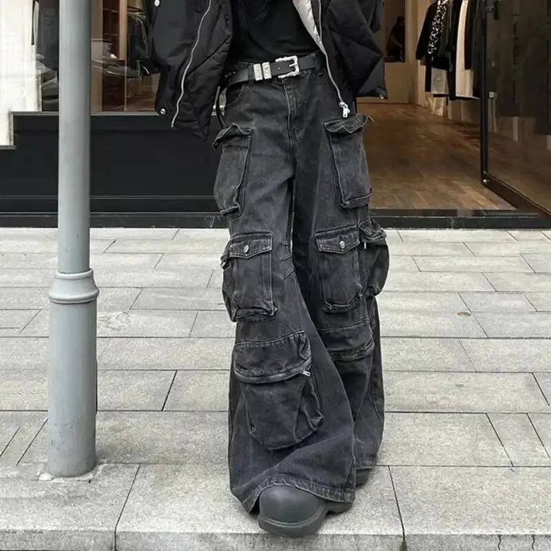 American Style Men Denim Pants Solid Color Multi-pocket Cargo Trousers Straight Wide Leg Loose Male Jeans Menswear 24K3020 — image 4