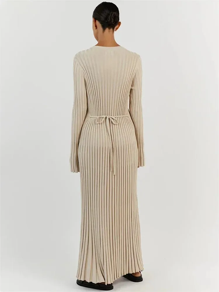 Tossy vestido feminino de malha com cadarço, maxi vestido outono cintura alta moda patchwork manga comprida solto vestido sólido bandagem vestido de malha — image 3