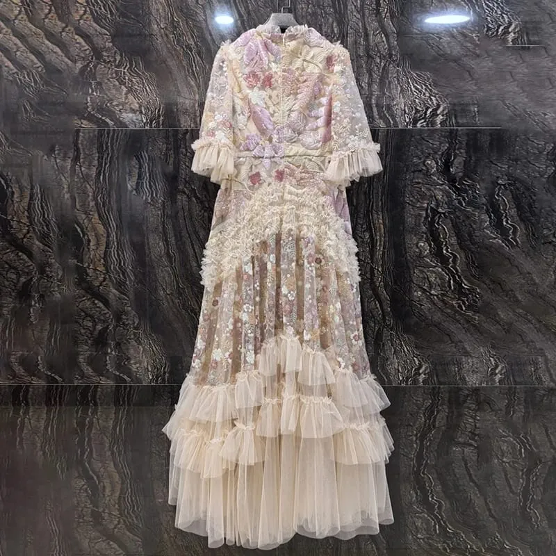 Moda rosa bordado lantejoulas vestido feminino em torno do pescoço babados meia mangas vestidos de comprimento no tornozelo novo 3a132 — image 5