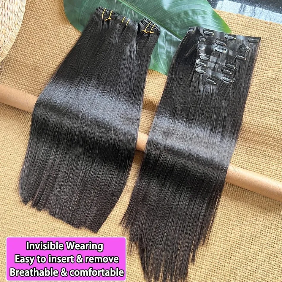 Double Drawn Straight Clip Ins Human Hair Extensions #1B Natural Black Color 100grams 7Pcs/Set Seamless PU Weft Clips in Hair — image 3