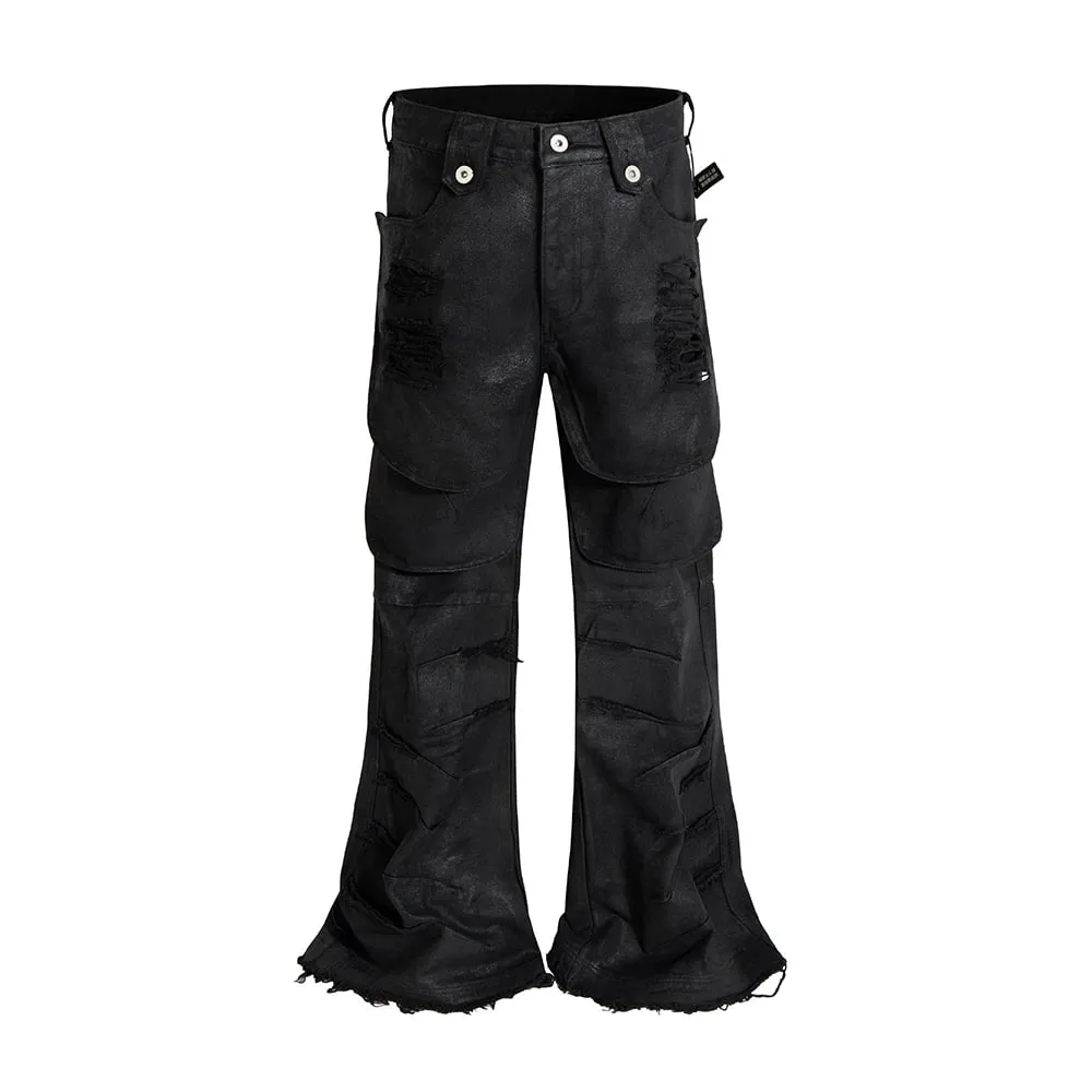 Streetwear Brush Wax Triple Tassel Jeans Pants for Men Frayed Hole Harajuku Ropa Hombre Baggy Casual Denim Trousers Oversized