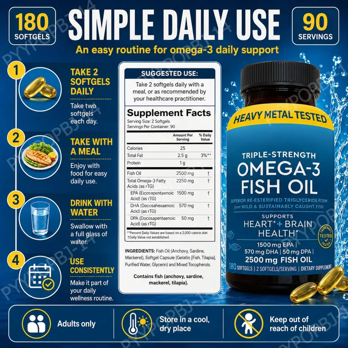 Omega-3 Fish Oil Softgels 2500mg EPA DHA DPA RTG Form 180 Count Non-GMO Gluten Free Daily Wellness Supplement for Adults — image 6