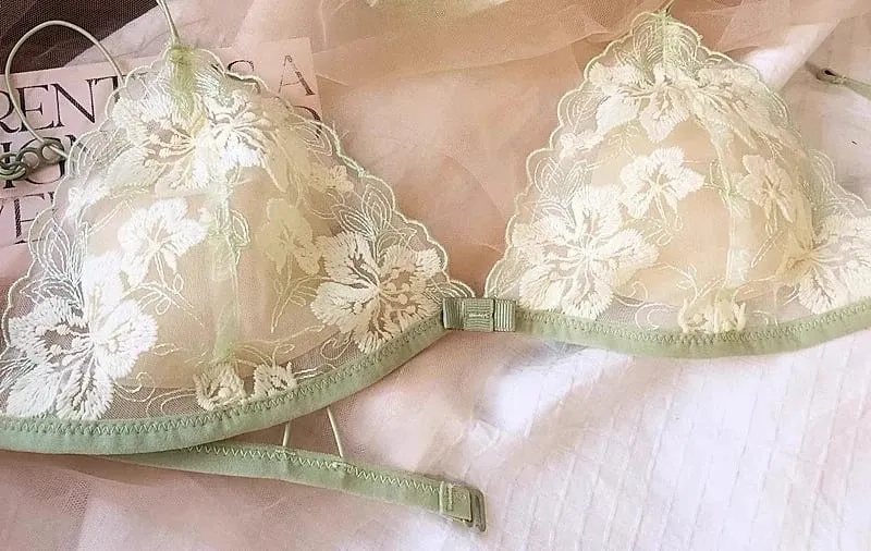 Set Lingerie Ceruk Perancis Bra Nirkabel Cup Segitiga Jaring Bordir Bra Nyaman Seksi Tipis Berenda Retro USA Tushy MOYISU