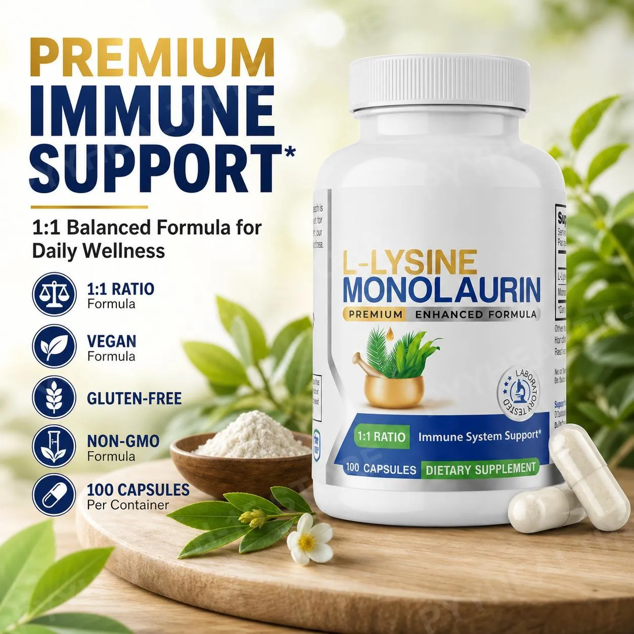 L-Lysine HCl & Monolaurin 1:1 Ratio Capsules Immune Wellness Daily Defense and Balance Support 600 mg Each 100 Count — image 1