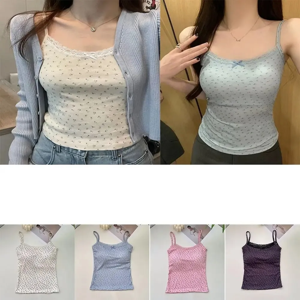 Sweet Floral Tops Lace Flower Print Camis Elegant Y2K Short Tank Tops Slim One Size Sexy Vest Lady — image 1