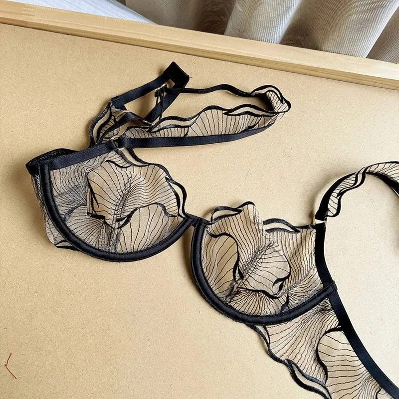 European Style Ultra Thin Sheer Lace Lingerie Set Embroidery Minimizer Bra Big Bust Support Slim Fit Underwear S-XL Size 32-38