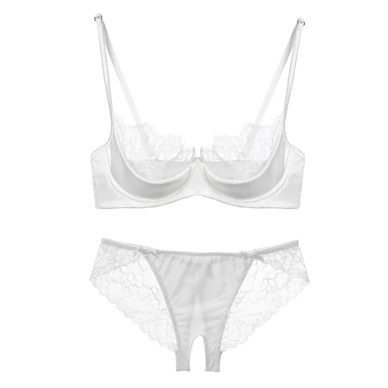 Conjunto de lencería de media copa de encaje francés para mujer, sujetador con aros, suave, transparente, ultrafino, verde, para busto pequeño 32-38AB — image 8