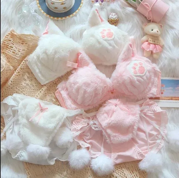 Cute Cat Paw Plush Lingerie Set for Women Warm Winter Bra & Panty with Ears Comfortable Kawaii Underwear — image 4