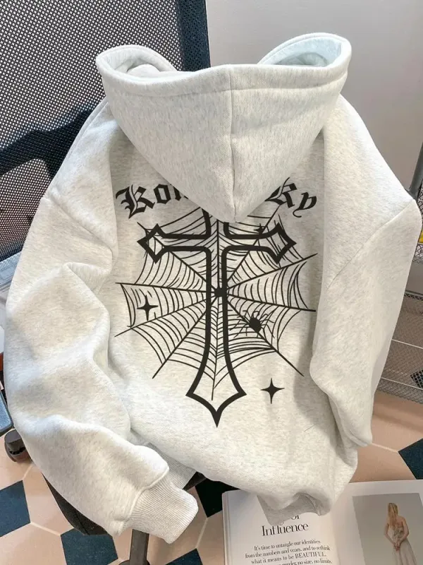 European American High Street Spider Cross Autumn Winter Fleece Warm Hooded Sweatshirt Casual Adult Men Versatile Soft Daily Use — image 2