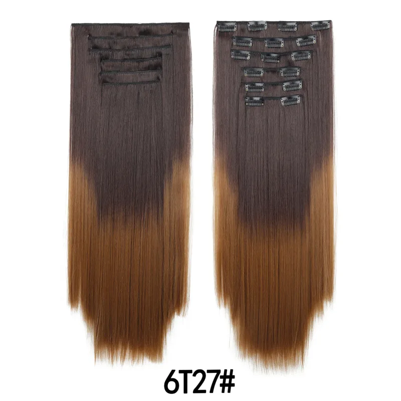 6 pçs 24 polegada ombre cor clip-in extensões de cabelo longo sintético em linha reta hairpieces em camadas macio invisível clip ins extensões — image 11
