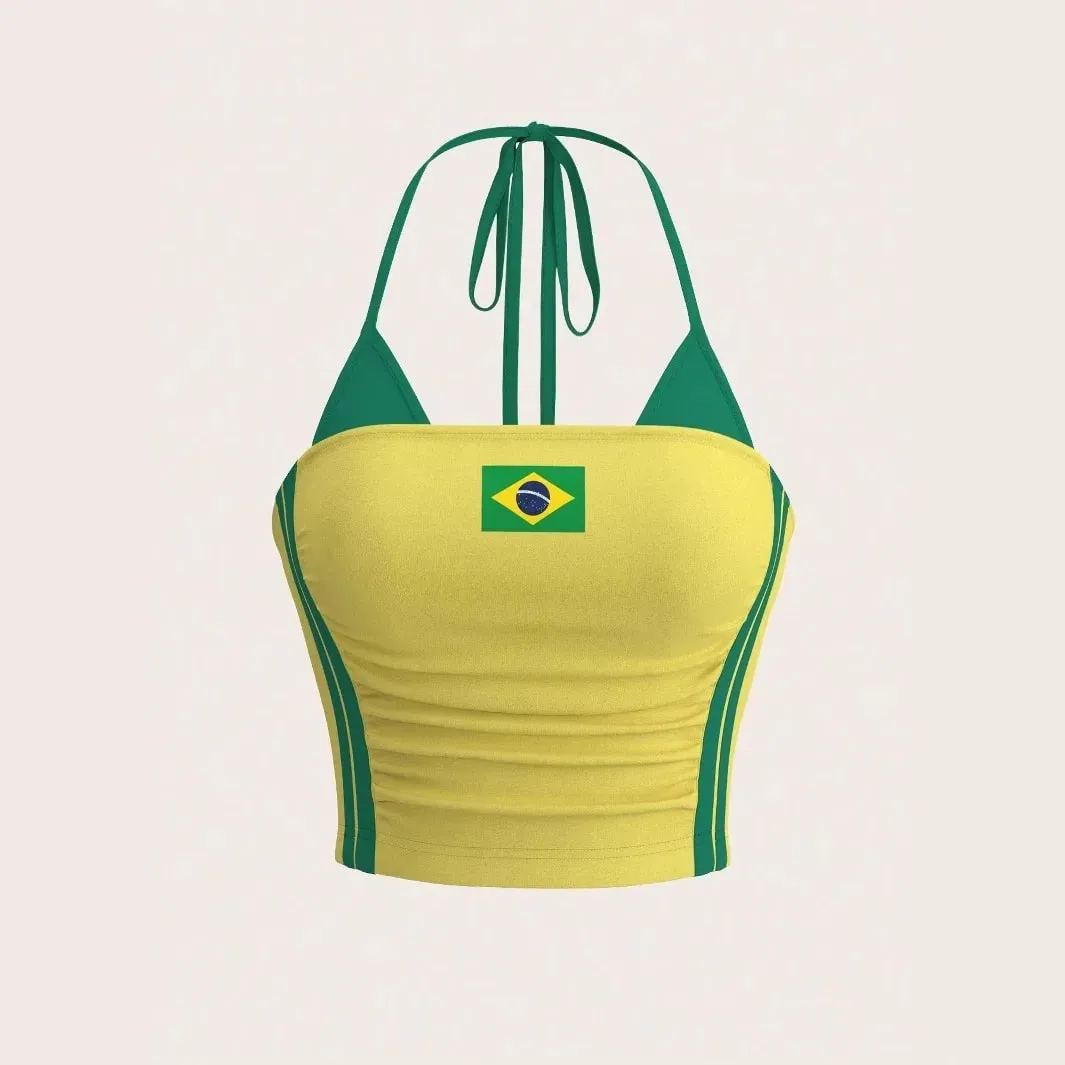 Women Brazil Flag Print Halter Crop Top Y2K Color Block Sling Cami Top Ruched Sleeveless Tube Tank Top Streetwear Summer Vest — image 6