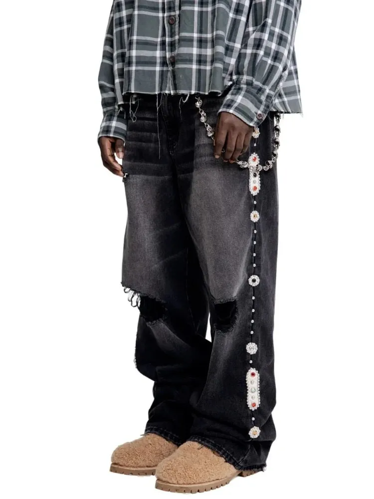 Mens Jeans Punk Vintage Streetwear Black Wide Leg Denim Pants Rhinestone Pearl Decor Ripped Distressed Loose Fit Y2K Fashion — image 7