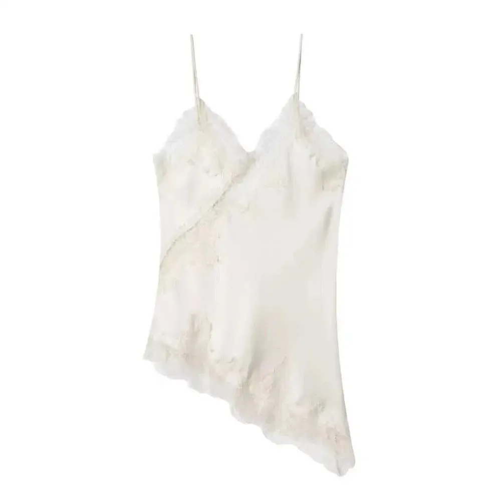 Elegant asymmetrisk spets spets patchwork topp ärmlös rygglös camisole toppar V-hals Sexig spets dam linne sommarkläder