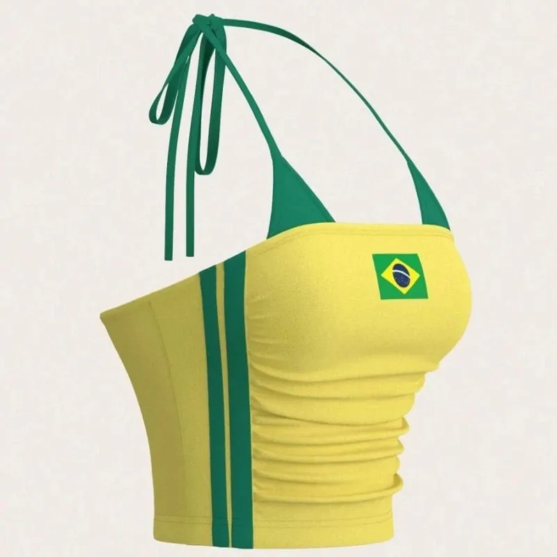 Women Brazil Flag Print Halter Crop Top Y2K Color Block Sling Cami Top Ruched Sleeveless Tube Tank Top Streetwear Summer Vest — image 3