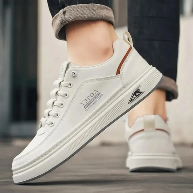 Men's White Platform Sneakers Leather Breathable Walking Slip on Casual Sneakers Shoes Male Flats Rubber Sole Zapatillas Hombre