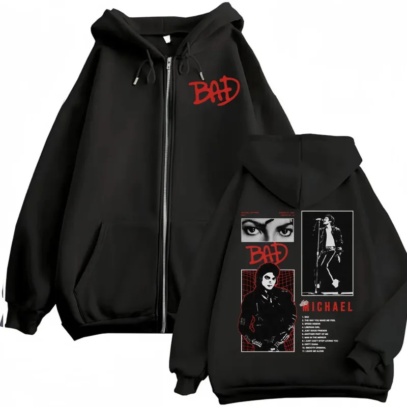 King of Pop Michael Jackson Bad Era Tour Zip Up Hoodies Men Women Fashion Harajuku Jacket Sweatshirts Casual Fleece Zipper Coats — image 1