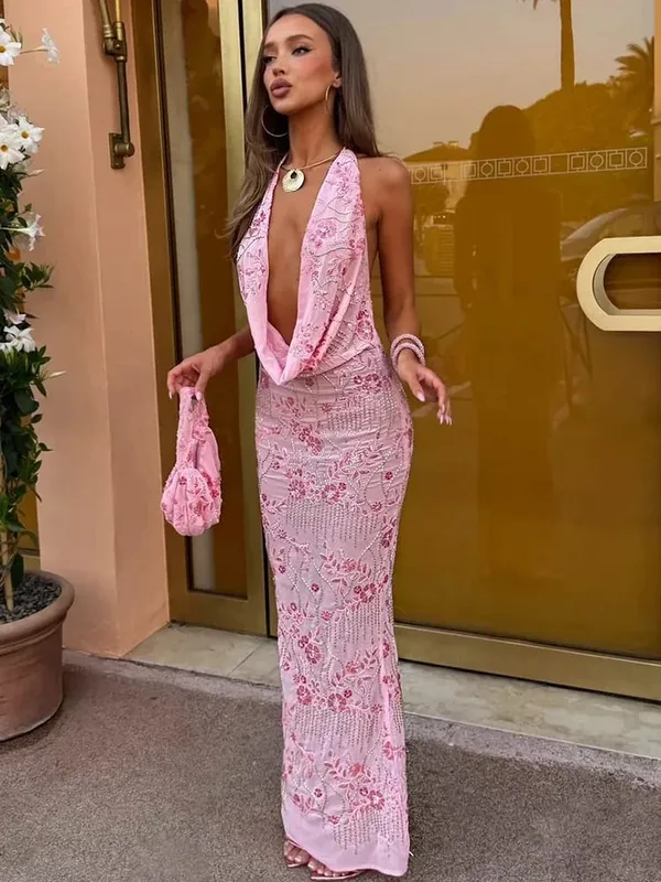 Sparkle Backless Sexy Maxi Dress Women Gown Elegant Halter Deep V Neck Sleeveless High Waist Bodycon Club Party Dresses — image 3