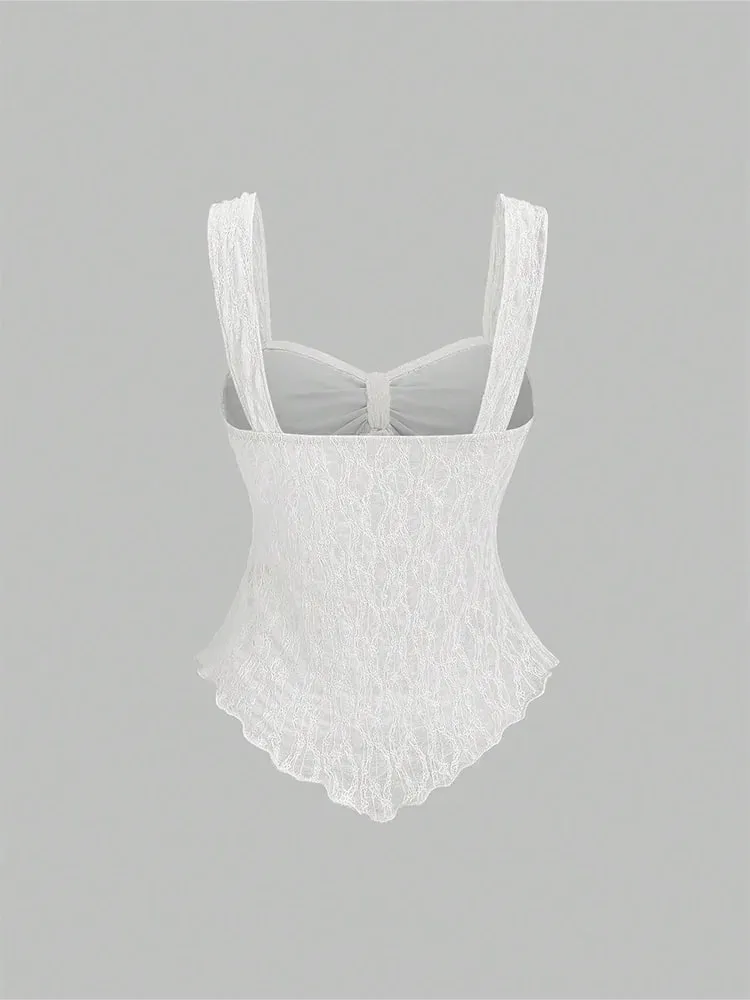 2026 Summer Women Y2K Coquette Floral Lace Knotted Bow Slim Fit Irregular Ruffled Hem Sweetheart Neck Wide Strap Cami Tank Top — image 4
