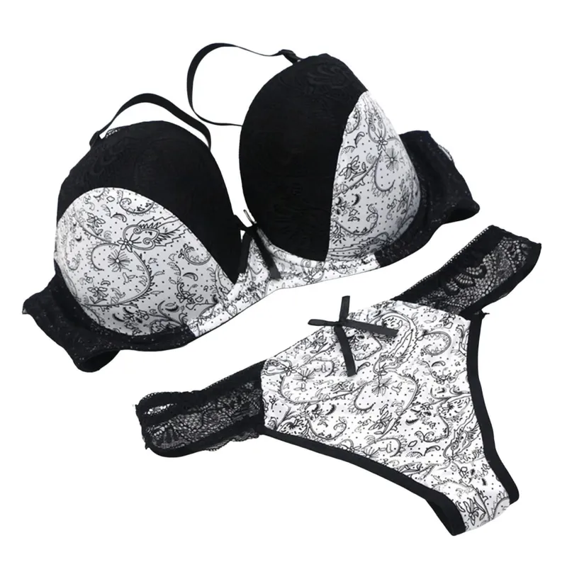 Women Color Block Floral Lace Print Bra Briefs Set Push Up Adjustable Support Sexy Thong Panties Daily Women Lingerie Set
