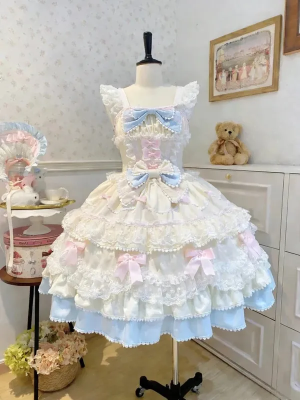 Y2K Sweet Lolita Jks Strap Dress Women Solid Ruffle Lace Bow Patchwork Kawaii Princess Ball Gown Knee-Length Elegant Party — image 13
