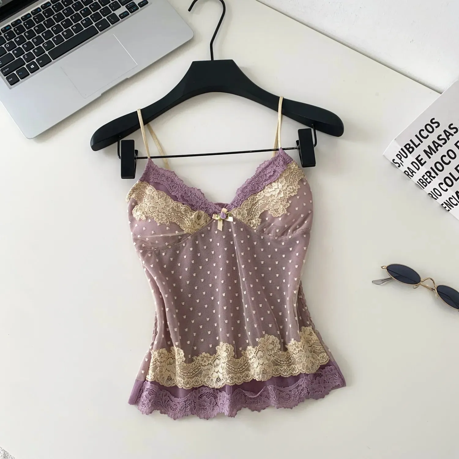 Polka Dot Mesh Lace Top French V Neck Shirred Stretchy Slim Backless Female Tank Top Summer Y2K Sensual Lazy Camisole — image 8