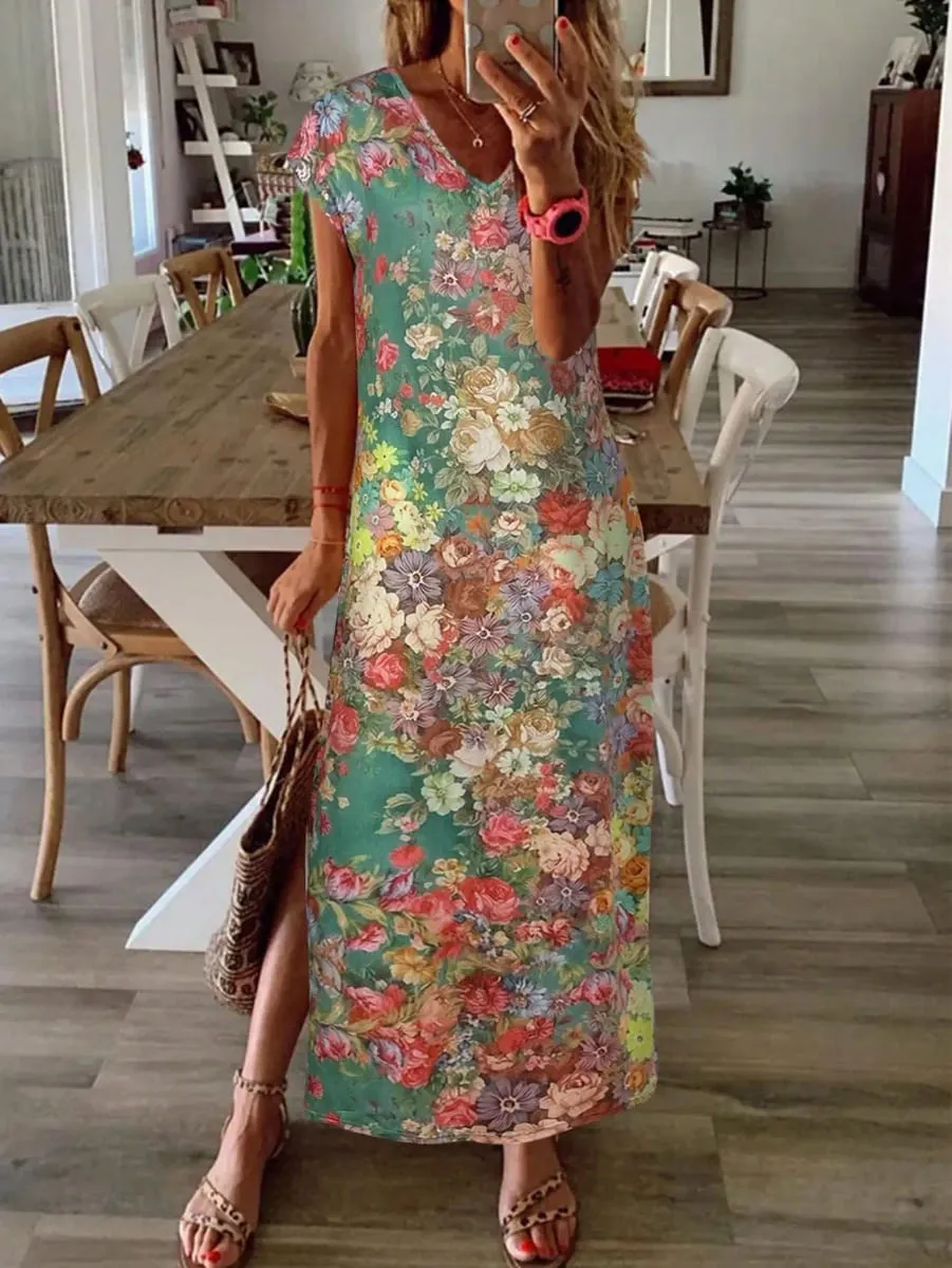 2026 Summer New Fashion Womens Colorful Floral Print V Neck Short Sleeve Maxi Dress Side Slit Summer Boho Loose Fit Long Dress — image 4