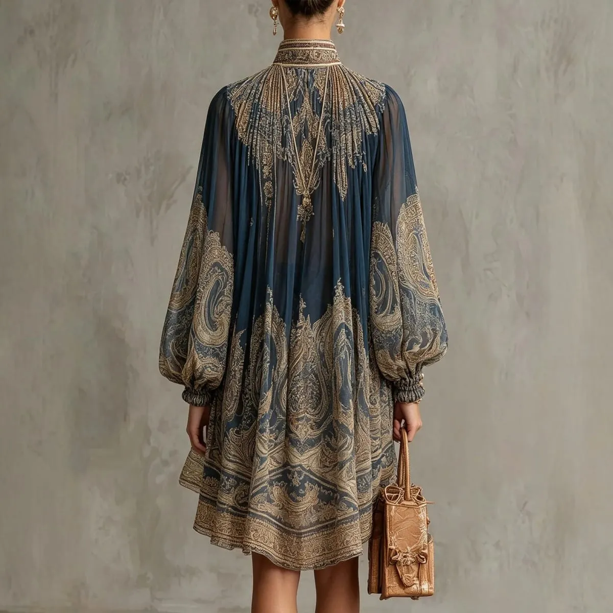 2026 New European and American Turtleneck Printed Chiffon Dress Loose Vacation Style Shawl Long-Sleeved Women's Dress — image 2
