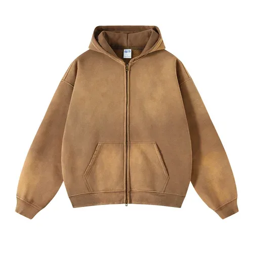 Moletom com capuz masculino com zíper, tie-dye lavado, cardigan duplo grande, solto, plus, gradiente de pelúcia, pulôveres com capuz para inverno — image 14