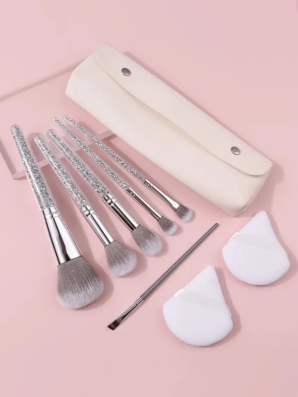 9Pcs Glitter Handle Makeup Brushes Set with Triangle Powder Puff Portable Storage Bag Foundation Blush Eyeshadow Blending Tools — image 2