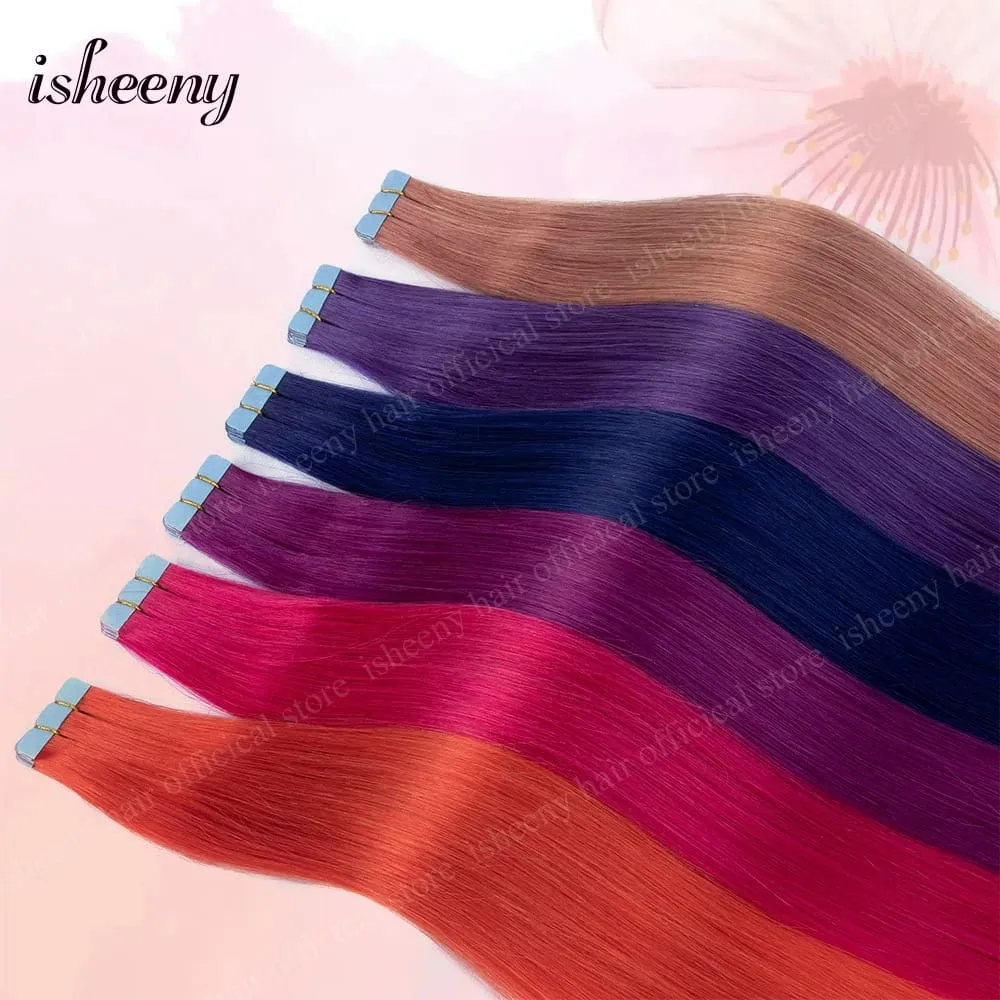 Isheeny 12' 16' 20' Tape In Hair Extensions Invisible Adhesive Tape In Hair Extension 10pcs/pack Pink Purple Blue Colorful Hair — image 7