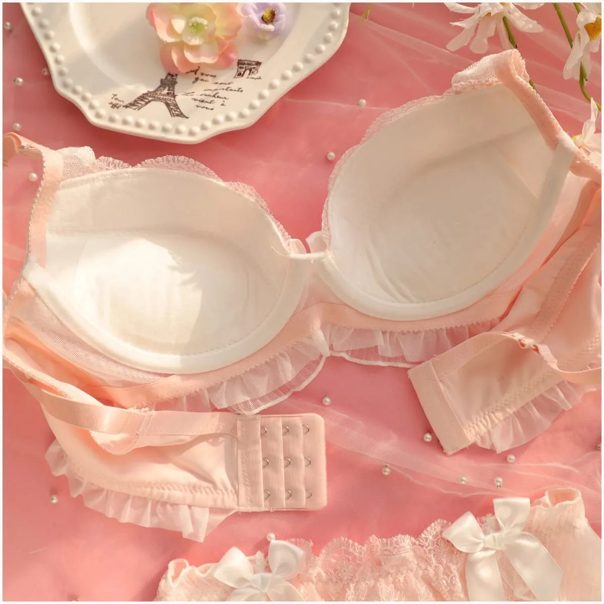 Pagbuburda manipis na seksyon ruffled underwear girls sweet and lovely lingerie breifs sets tatlong buckle gathered ladies bra set — image 5